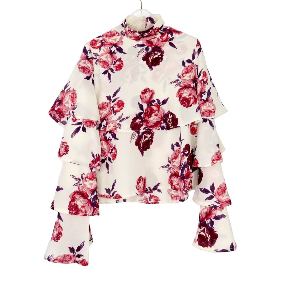 Anthropologie White Ruffle Sleeve Pink Romantic Floral Blouse Twee Glam Medium